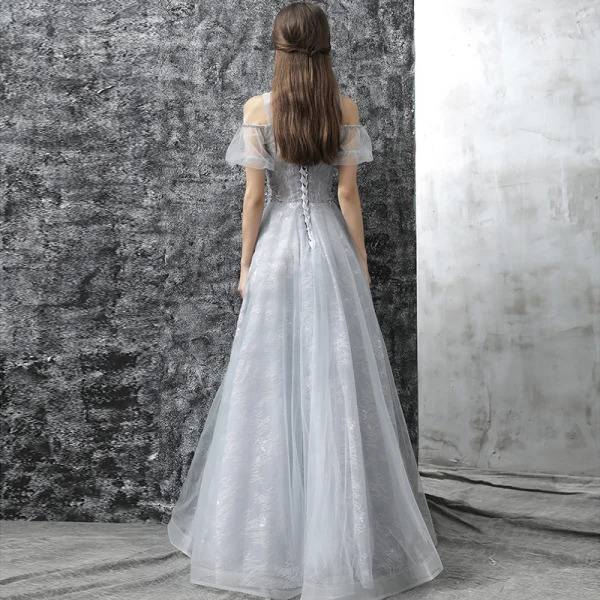 Chic / Beautiful Evening Dresses 2017 Grey A-Line / Princess Floor-Length / Long Cascading Ruffles High Neck Short Sleeve Backless Pierced Appliques Flower Pearl Rhinestone Formal Dresses