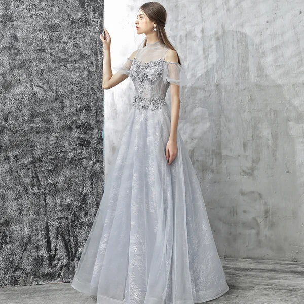 Chic / Beautiful Evening Dresses 2017 Grey A-Line / Princess Floor-Length / Long Cascading Ruffles High Neck Short Sleeve Backless Pierced Appliques Flower Pearl Rhinestone Formal Dresses