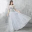 Chic / Beautiful Evening Dresses  2017 Grey A-Line / Princess Floor-Length / Long Cascading Ruffles High Neck Short Sleeve Backless Pierced Appliques Flower Pearl Rhinestone Formal Dresses