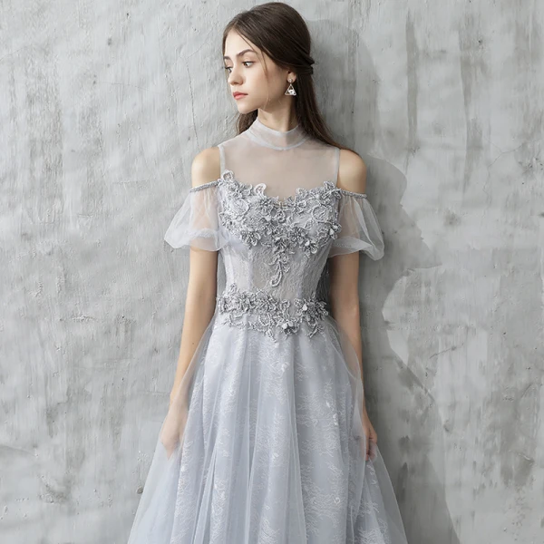 Chic / Beautiful Evening Dresses 2017 Grey A-Line / Princess Floor-Length / Long Cascading Ruffles High Neck Short Sleeve Backless Pierced Appliques Flower Pearl Rhinestone Formal Dresses