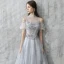 Chic / Beautiful Evening Dresses  2017 Grey A-Line / Princess Floor-Length / Long Cascading Ruffles High Neck Short Sleeve Backless Pierced Appliques Flower Pearl Rhinestone Formal Dresses