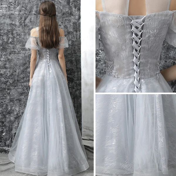 Chic / Beautiful Evening Dresses 2017 Grey A-Line / Princess Floor-Length / Long Cascading Ruffles High Neck Short Sleeve Backless Pierced Appliques Flower Pearl Rhinestone Formal Dresses