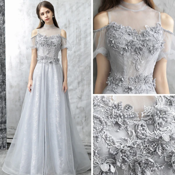 Chic / Beautiful Evening Dresses 2017 Grey A-Line / Princess Floor-Length / Long Cascading Ruffles High Neck Short Sleeve Backless Pierced Appliques Flower Pearl Rhinestone Formal Dresses
