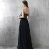 Mode Abendkleider 2017 Tintenblau A Linie Lange Herz-Ausschnitt Ärmellos Rückenfreies Strass Pailletten Festliche Kleider