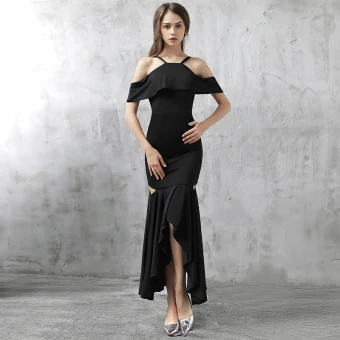 Moderne Mode Robe De Soirée 2017 Noir Asymétrique Trompette Sirène Bretelles Spaghetti Manches Courtes Dos Nu Robe De Ceremonie