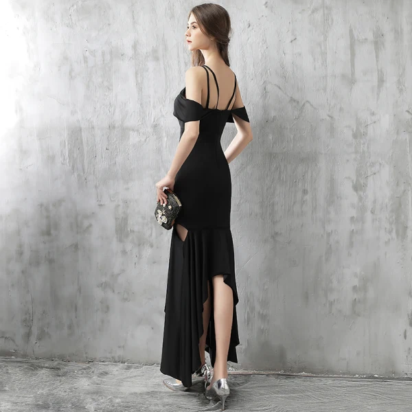 Modern / Fashion Evening Dresses 2017 Black Asymmetrical Trumpet / Mermaid Spaghetti Straps Short Sleeve Backless Formal Dresses