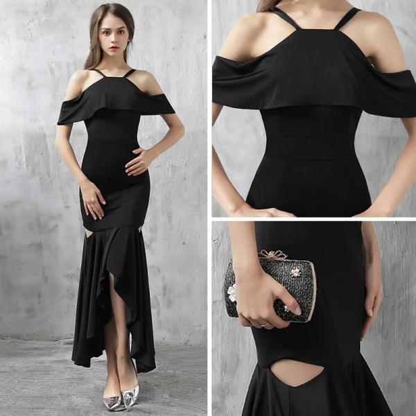 Modern / Fashion Evening Dresses 2017 Black Asymmetrical Trumpet / Mermaid Spaghetti Straps Short Sleeve Backless Formal Dresses