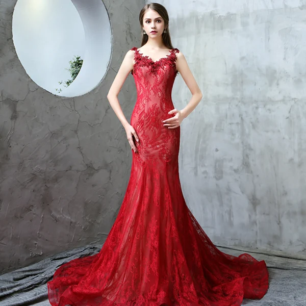 Modern / Fashion Evening Dresses  2017 Burgundy Trumpet / Mermaid Chapel Train V-Neck Sleeveless Pearl Beading Appliques Flower Backless Bow Formal Dresses