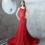 Modern / Fashion Evening Dresses  2017 Burgundy Trumpet / Mermaid Chapel Train V-Neck Sleeveless Pearl Beading Appliques Flower Backless Bow Formal Dresses