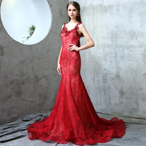 Modern / Fashion Evening Dresses  2017 Burgundy Trumpet / Mermaid Chapel Train V-Neck Sleeveless Pearl Beading Appliques Flower Backless Bow Formal Dresses