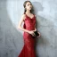 Modern / Fashion Evening Dresses  2017 Burgundy Trumpet / Mermaid Chapel Train V-Neck Sleeveless Pearl Beading Appliques Flower Backless Bow Formal Dresses