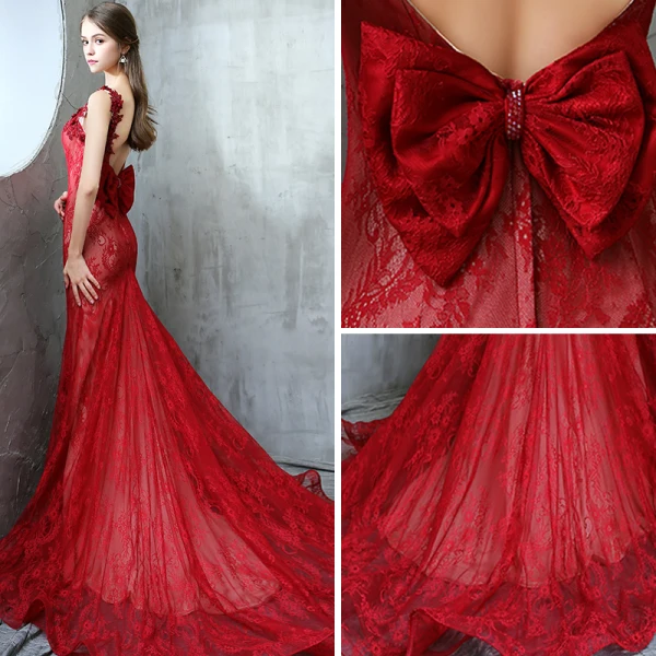 Modern / Fashion Evening Dresses  2017 Burgundy Trumpet / Mermaid Chapel Train V-Neck Sleeveless Pearl Beading Appliques Flower Backless Bow Formal Dresses