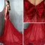 Modern / Fashion Evening Dresses  2017 Burgundy Trumpet / Mermaid Chapel Train V-Neck Sleeveless Pearl Beading Appliques Flower Backless Bow Formal Dresses