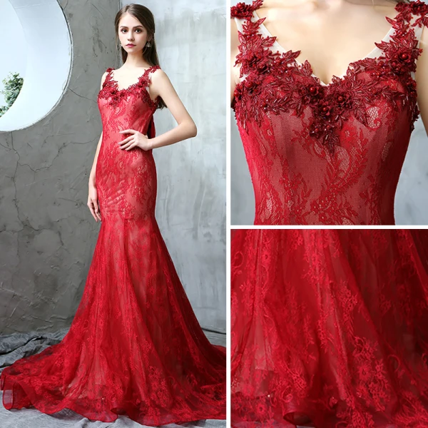 Modern / Fashion Evening Dresses  2017 Burgundy Trumpet / Mermaid Chapel Train V-Neck Sleeveless Pearl Beading Appliques Flower Backless Bow Formal Dresses