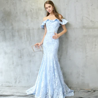 Chic Belle Robe De Soirée 2017 Bleu Ciel Trompette Sirène Train De Balayage De L Épaule Manches Courtes Dos Nu En Dentelle Appliques Métal Ceinture Robe De Ceremonie