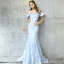 Chic / Belle Robe De Soirée 2017 Bleu Ciel Trompette / Sirène Train De Balayage De l'épaule Manches Courtes Dos Nu En Dentelle Appliques Métal Ceinture Robe De Ceremonie