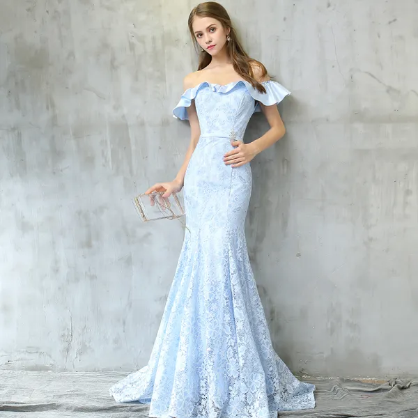 Chic / Beautiful Evening Dresses  2017 Sky Blue Trumpet / Mermaid Sweep Train Off-The-Shoulder Short Sleeve Backless Lace Appliques Metal Sash Formal Dresses