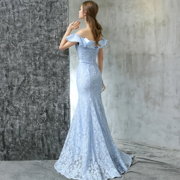 Chic / Belle Robe De Soirée 2017 Bleu Ciel Trompette / Sirène Train De Balayage De l'épaule Manches Courtes Dos Nu En Dentelle Appliques Métal Ceinture Robe De Ceremonie