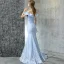 Chic / Belle Robe De Soirée 2017 Bleu Ciel Trompette / Sirène Train De Balayage De l'épaule Manches Courtes Dos Nu En Dentelle Appliques Métal Ceinture Robe De Ceremonie