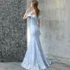 Chic / Beautiful Evening Dresses  2017 Sky Blue Trumpet / Mermaid Sweep Train Off-The-Shoulder Short Sleeve Backless Lace Appliques Metal Sash Formal Dresses