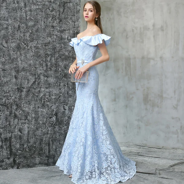 Chic / Belle Robe De Soirée 2017 Bleu Ciel Trompette / Sirène Train De Balayage De l'épaule Manches Courtes Dos Nu En Dentelle Appliques Métal Ceinture Robe De Ceremonie