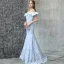 Chic / Belle Robe De Soirée 2017 Bleu Ciel Trompette / Sirène Train De Balayage De l'épaule Manches Courtes Dos Nu En Dentelle Appliques Métal Ceinture Robe De Ceremonie