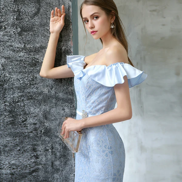 Chic / Belle Robe De Soirée 2017 Bleu Ciel Trompette / Sirène Train De Balayage De l'épaule Manches Courtes Dos Nu En Dentelle Appliques Métal Ceinture Robe De Ceremonie