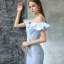 Chic / Belle Robe De Soirée 2017 Bleu Ciel Trompette / Sirène Train De Balayage De l'épaule Manches Courtes Dos Nu En Dentelle Appliques Métal Ceinture Robe De Ceremonie