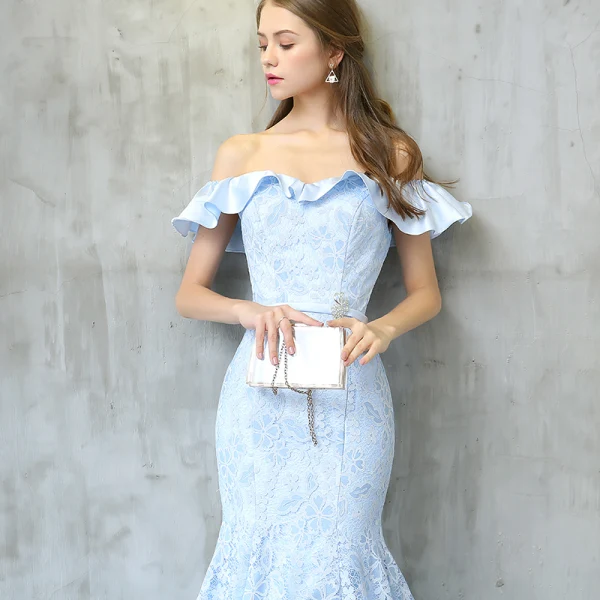 Chic / Belle Robe De Soirée 2017 Bleu Ciel Trompette / Sirène Train De Balayage De l'épaule Manches Courtes Dos Nu En Dentelle Appliques Métal Ceinture Robe De Ceremonie
