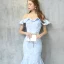 Chic / Belle Robe De Soirée 2017 Bleu Ciel Trompette / Sirène Train De Balayage De l'épaule Manches Courtes Dos Nu En Dentelle Appliques Métal Ceinture Robe De Ceremonie