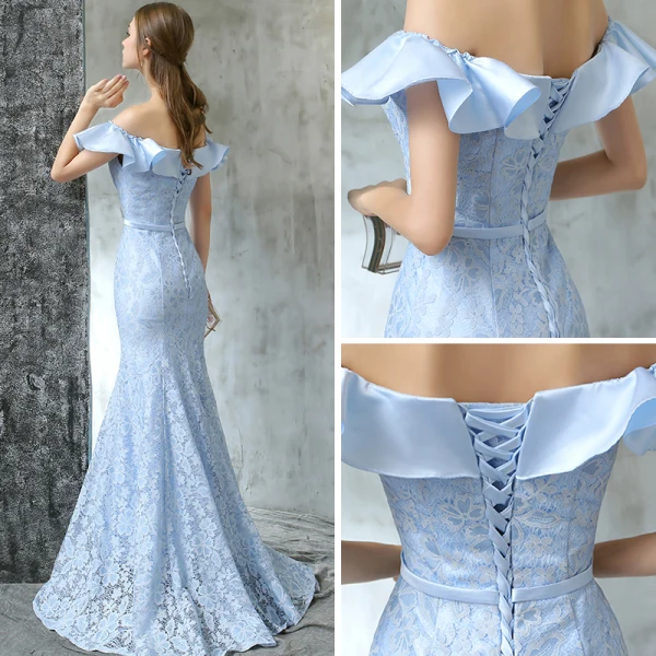 Chic / Belle Robe De Soirée 2017 Bleu Ciel Trompette / Sirène Train De Balayage De l'épaule Manches Courtes Dos Nu En Dentelle Appliques Métal Ceinture Robe De Ceremonie