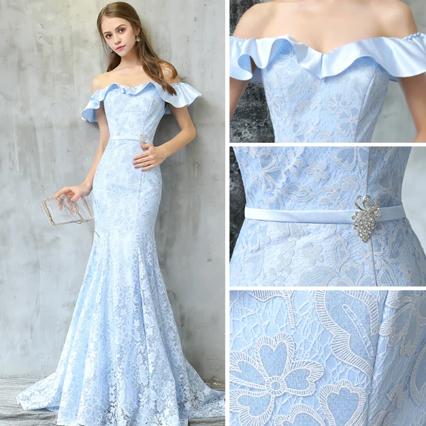Chic / Belle Robe De Soirée 2017 Bleu Ciel Trompette / Sirène Train De Balayage De l'épaule Manches Courtes Dos Nu En Dentelle Appliques Métal Ceinture Robe De Ceremonie