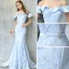 Chic / Belle Robe De Soirée 2017 Bleu Ciel Trompette / Sirène Train De Balayage De l'épaule Manches Courtes Dos Nu En Dentelle Appliques Métal Ceinture Robe De Ceremonie