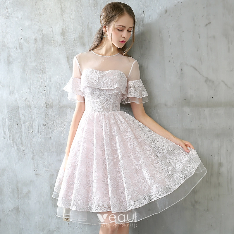 Modern Fashion Graduation Dresses 2017 Blushing Pink Short A Line Princess Scoop Neck Backless Short Sleeve Pearl Lace Appliques Pierced Formal Dresses