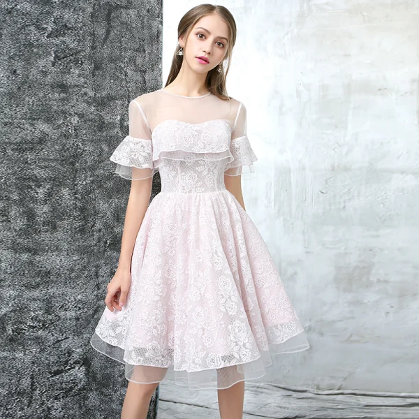 Modern / Fashion Graduation Dresses 2017 Blushing Pink Short A-Line / Princess Scoop Neck Backless Short Sleeve Pearl Lace Appliques Pierced Formal Dresses