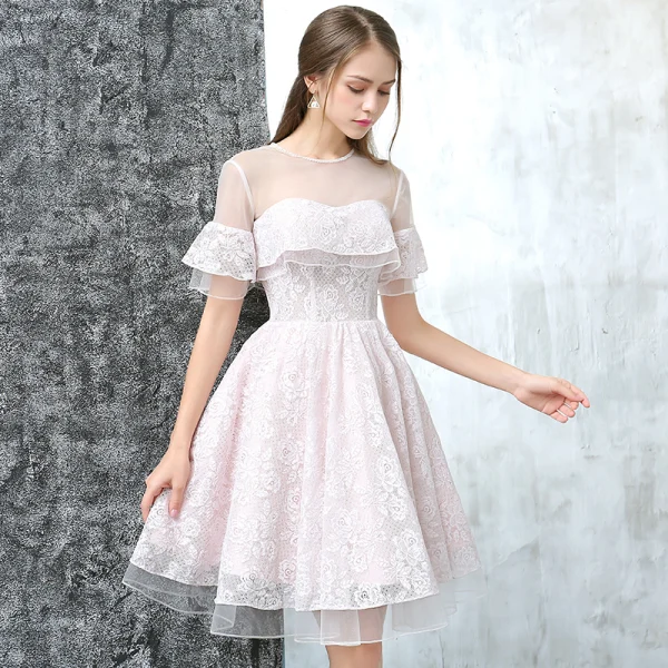 Modern / Fashion Graduation Dresses 2017 Blushing Pink Short A-Line / Princess Scoop Neck Backless Short Sleeve Pearl Lace Appliques Pierced Formal Dresses