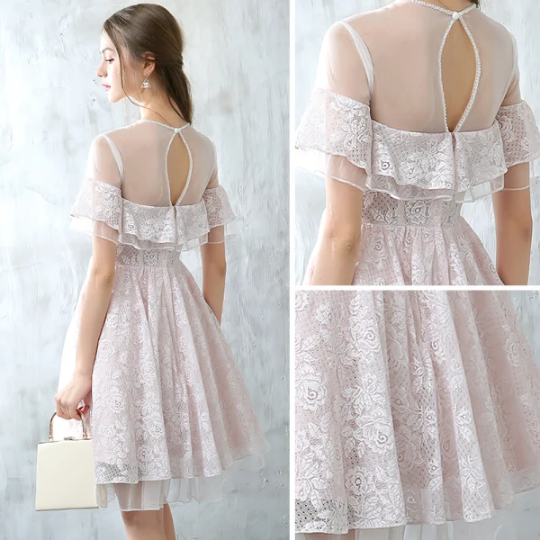Modern / Fashion Graduation Dresses 2017 Blushing Pink Short A-Line / Princess Scoop Neck Backless Short Sleeve Pearl Lace Appliques Pierced Formal Dresses