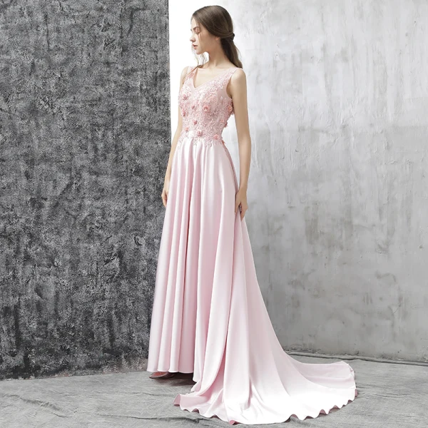 Moderne / Mode Robe De Soirée 2017 Rougissant Rose Princesse Tribunal Train Volants en Cascade Fendue devant V-Cou Sans Manches Dos Nu Cristal Paillettes Appliques Fleur Robe De Ceremonie
