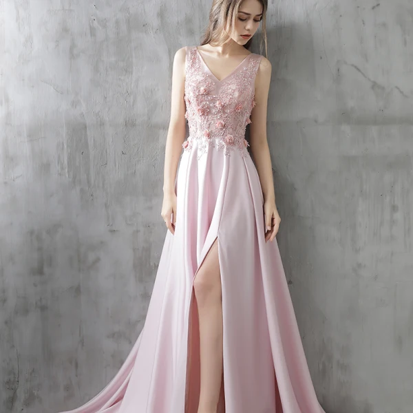 Moderne / Mode Robe De Soirée 2017 Rougissant Rose Princesse Tribunal Train Volants en Cascade Fendue devant V-Cou Sans Manches Dos Nu Cristal Paillettes Appliques Fleur Robe De Ceremonie