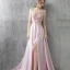 Moderne / Mode Robe De Soirée 2017 Rougissant Rose Princesse Tribunal Train Volants en Cascade Fendue devant V-Cou Sans Manches Dos Nu Cristal Paillettes Appliques Fleur Robe De Ceremonie