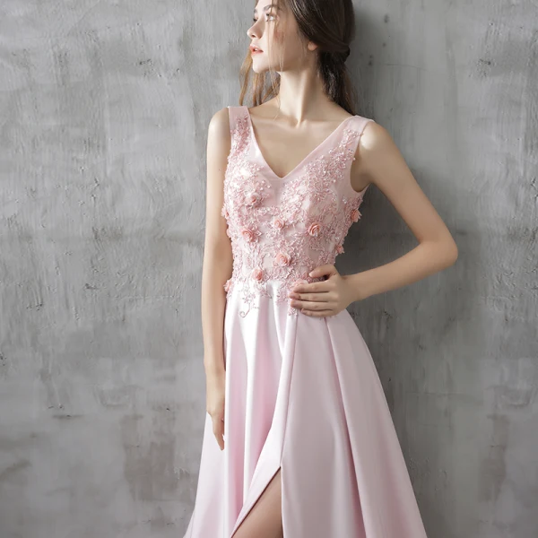 Moderne / Mode Robe De Soirée 2017 Rougissant Rose Princesse Tribunal Train Volants en Cascade Fendue devant V-Cou Sans Manches Dos Nu Cristal Paillettes Appliques Fleur Robe De Ceremonie