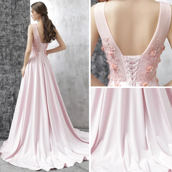 Moderne / Mode Robe De Soirée 2017 Rougissant Rose Princesse Tribunal Train Volants en Cascade Fendue devant V-Cou Sans Manches Dos Nu Cristal Paillettes Appliques Fleur Robe De Ceremonie