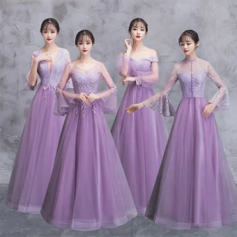 Élégant Lilas Transparentes Robe Demoiselle D 039 Honneur 2018 Princesse Manches Longues Appliques En Dentelle Longue Volants Dos Nu Robe Pour Mariage