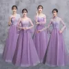 Elegant Lilac See-through Bridesmaid Dresses 2018 A-Line / Princess Long Sleeve Appliques Lace Floor-Length / Long Ruffle Backless Wedding Party Dresses