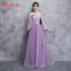 Elegant Lilac See-through Bridesmaid Dresses 2018 A-Line / Princess Long Sleeve Appliques Lace Floor-Length / Long Ruffle Backless Wedding Party Dresses