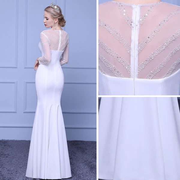 Chic / Belle Blanche Transparentes Robe De Soirée 2018 Trompette / Sirène Encolure Dégagée Manches Longues Faux Diamant Longue Volants Robe De Ceremonie