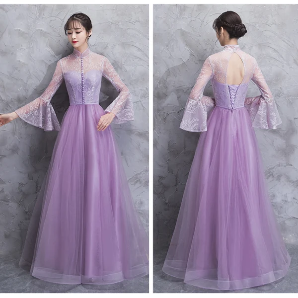 Elegant Lilac See-through Bridesmaid Dresses 2018 A-Line / Princess Long Sleeve Appliques Lace Floor-Length / Long Ruffle Backless Wedding Party