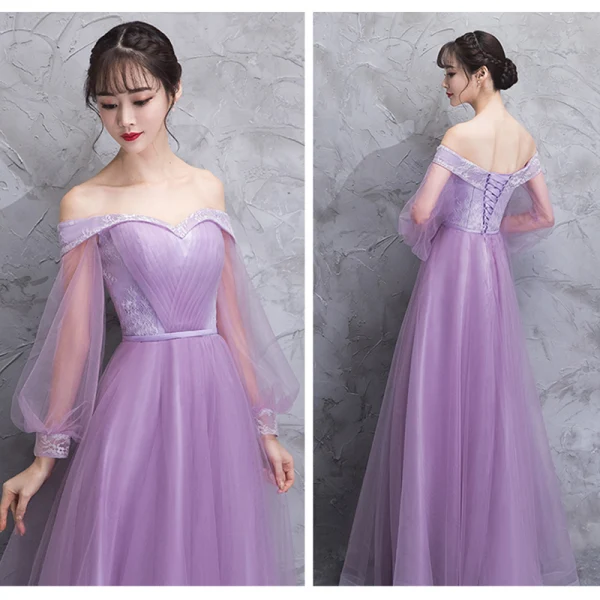 Elegant Lilac See-through Bridesmaid Dresses 2018 A-Line / Princess Long Sleeve Appliques Lace Floor-Length / Long Ruffle Backless Wedding Party Dresses