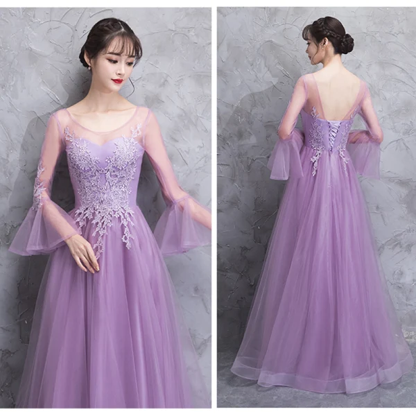 Elegant Lilac See-through Bridesmaid Dresses 2018 A-Line / Princess Long Sleeve Appliques Lace Floor-Length / Long Ruffle Backless Wedding Party Dresses
