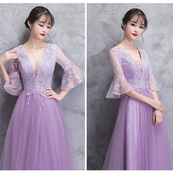 Elegant Lilac See-through Bridesmaid Dresses 2018 A-Line / Princess Long Sleeve Appliques Lace Floor-Length / Long Ruffle Backless Wedding Party